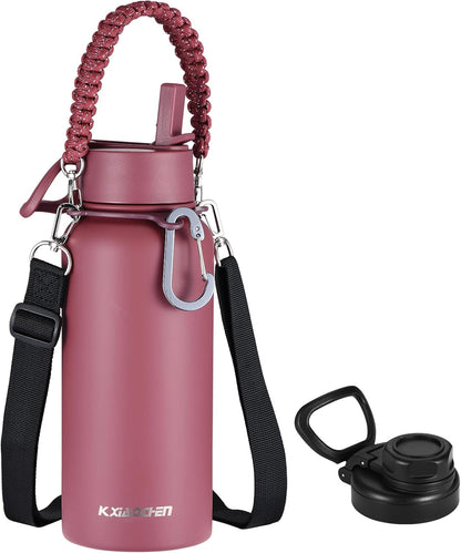 KXIAOCHEN Insulated Water Bottle With Strap, Cold For 48 Hrs Leak Proof, Triple Wall Stainless Steel Sports Water Bottle With Straw And Spout Lid For Gym Hiking Travel