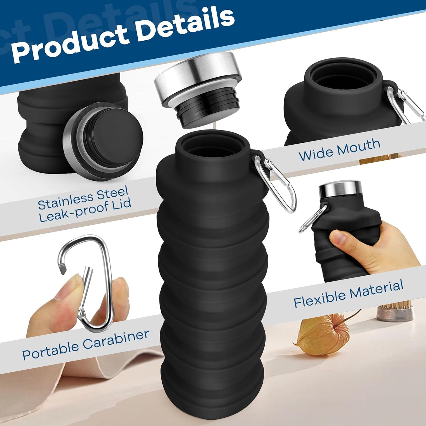 Collapsible Water Bottles 17oz, Portable Leak-Proof Travel Water Bottle, Reusable BPA Free Silicone Foldable Water Bottle with Carabiner for Gym, Traveling, Camping, Hiking, Sports(Black+Blue)