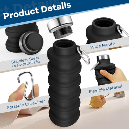 Collapsible Water Bottles 17oz, Portable Leak-Proof Travel Water Bottle, Reusable BPA Free Silicone Foldable Water Bottle with Carabiner for Gym, Traveling, Camping, Hiking, Sports(Black+Blue)