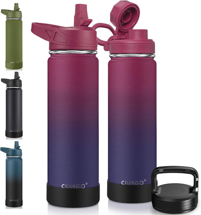 CIVAGO 32 oz Insulated Water Bottle With Straw, Stainless Steel Sports Water Cup Flask with 3 Lids (Straw, Spout and Handle Lid), Wide Mouth Travel Thermal Mug, Black