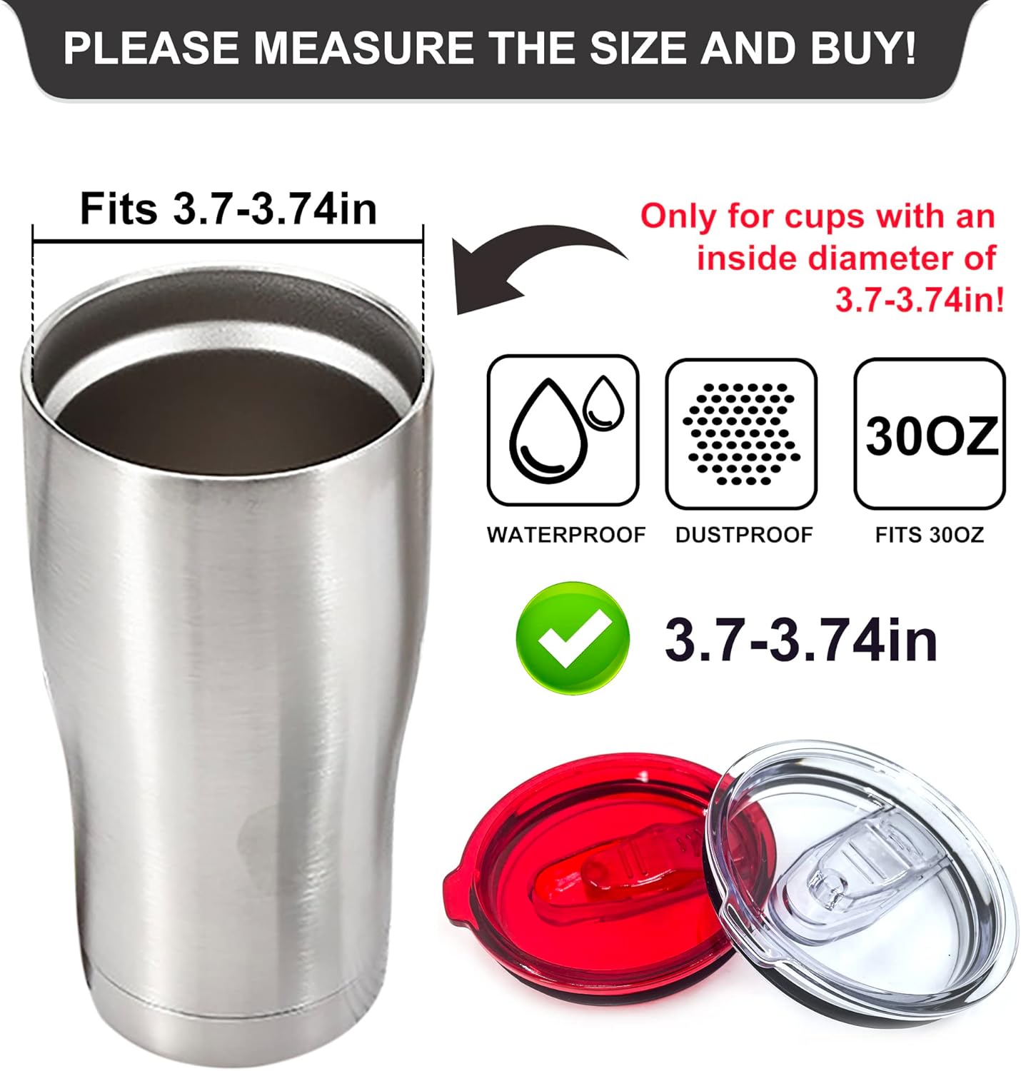2 Replacement Lids for Stainless Steel Tumbler Travel Cup - Fits OF Inner diameter 3.7 to 3.74 INCH Yeti Rambler and others (Transparent) (30 OZ)