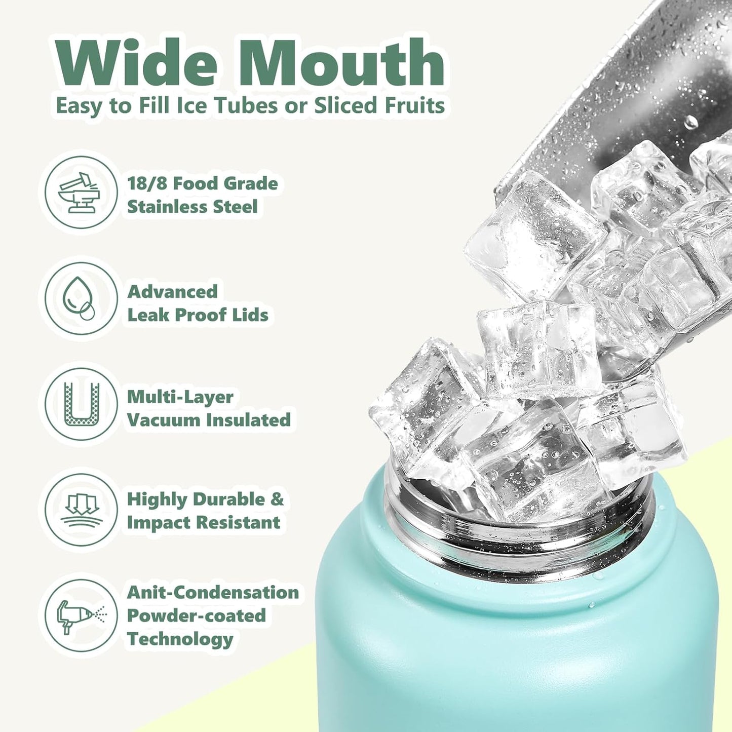 Insulated Water Bottle with Lid & Boot & Stickers, 24 oz Stainless Steel Sweat Free Bottle Keep Cold 24H, BPA-Free Sports Wide Mouth Water Bottle, BlueBlack