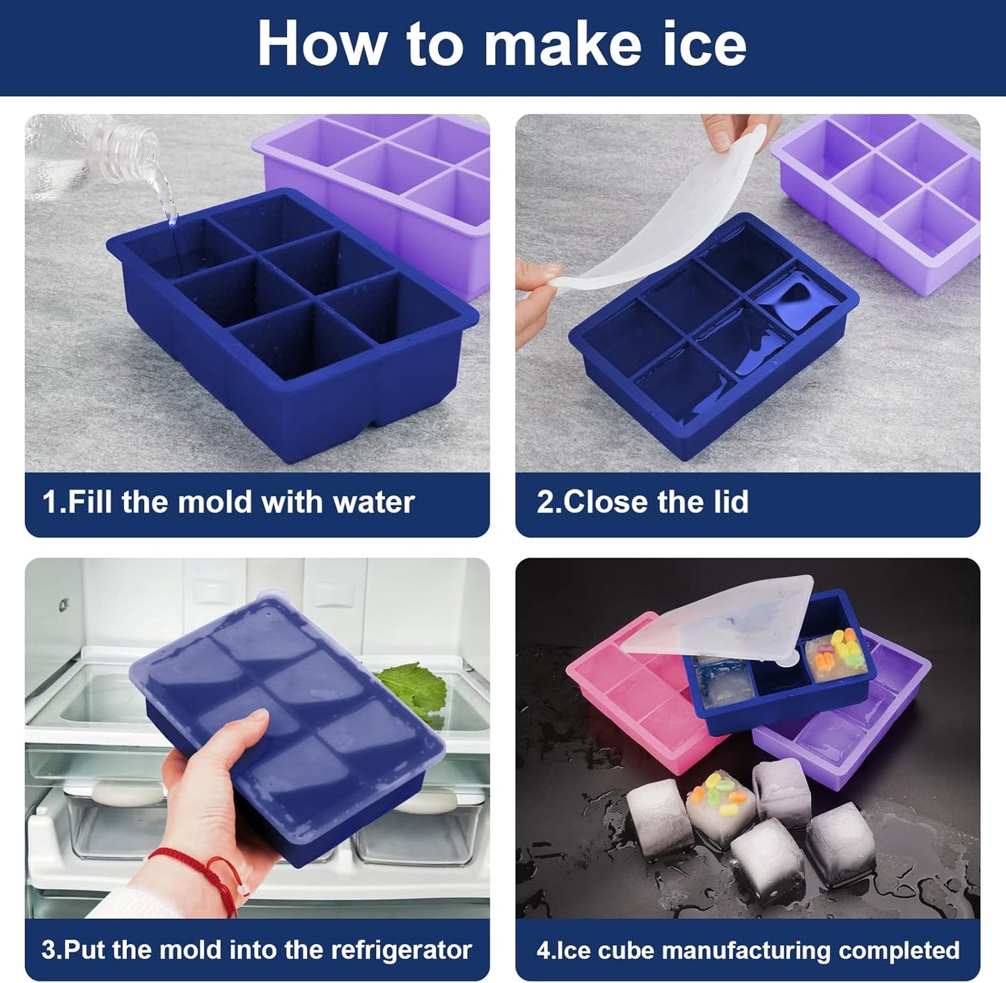 Excnorm Silicone Ice Cube Trays 3 Pack - Large Size Silicone Ice Cube Molds with Leak Proof Removable Lid Square Ice Cube Tray And BPA Free for Cocktail,Whiskey, Stackable Flexible Ice