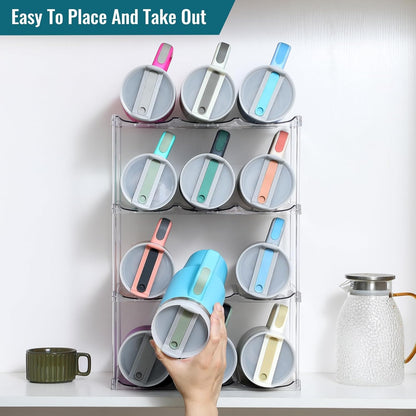 Design for Stanley 40 OZ & Large Bottles & Tumblers with Handle - Acrylic Water Bottle Organizer - Stackable Clear Wine Rack Cup Holder for Home Kitchen Pantry Shelf Countertop Cabinet, 4 Tier Hold 16