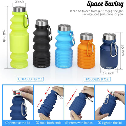 Nefeeko Collapsible Water Bottle, Reuseable BPA Free Silicone Foldable Water Bottles for Travel Gym Camping Hiking, Portable Leak Proof Sports Water Bottle with Carabiner