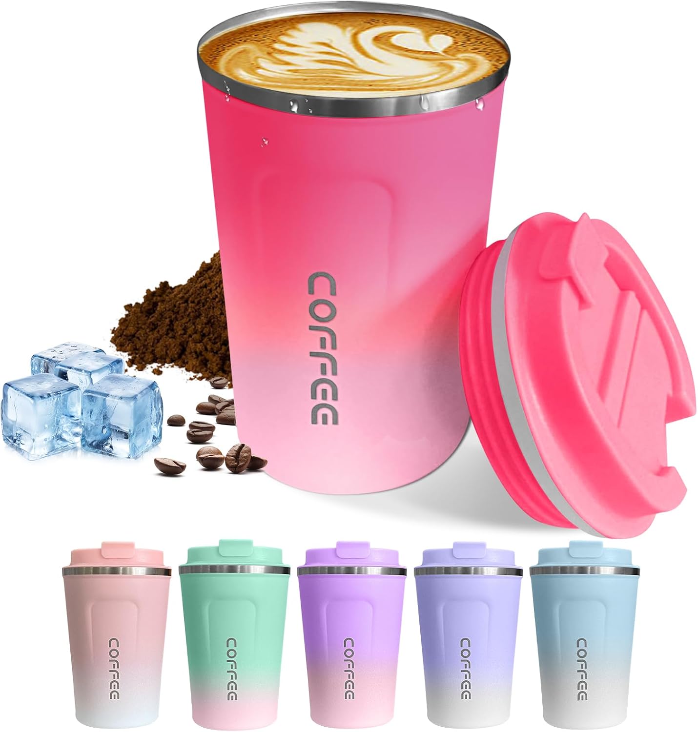 SPLMIFA Travel Coffee Mug Leak-Proof, Reusable Coffee Cups with Lids, Stainless Steel Vacuum Insulated Coffee Tumblers, Thermal Insulation Cup for Men and Women Hot & Cold Drinks(2nd-Green Pink, 12OZ)