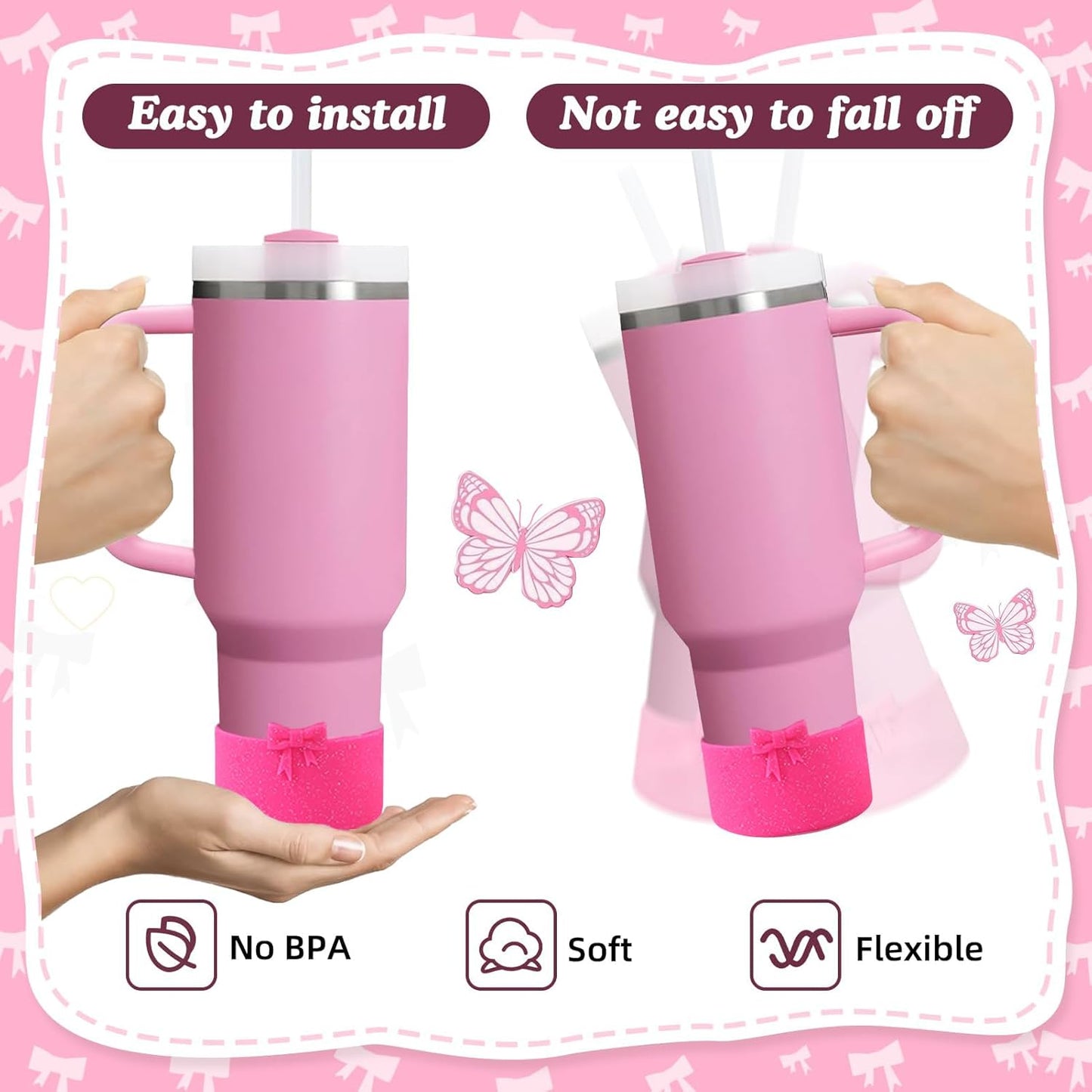 2PCS Bow Silicone Boot for Stanley Quencher Tumbler 30oz 40oz & IceFlow 20oz 30oz& Hydro Flask Water Bottle 12-24 oz Protective Bottom Sleeve Cover for Stanley Cup Accessories& Owala 24oz