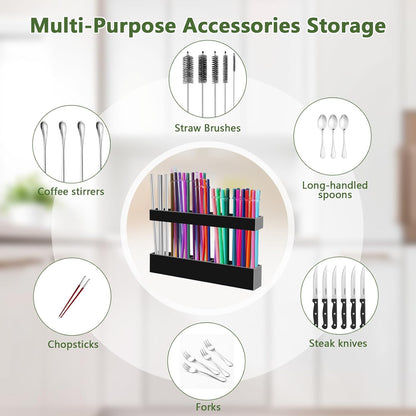 Malldii 9.5" Large Acrylic Straw Holder for Cabinet Door - Reusable Tumbler Straw Organizer Storage, Small Kitchen Accessories Container, Ultra Sticky Cupboard Door Mounted (Transparent)