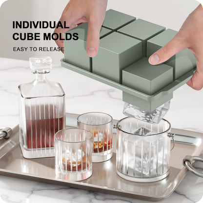 VLM 3 Packs Large Ice Cube Molds with Stackable Lid,Silicone Ice Cube Tray for Freezer,Big Square Ice Tray for Whiskey,Cocktails,Bourbon and Soups (Neutral)