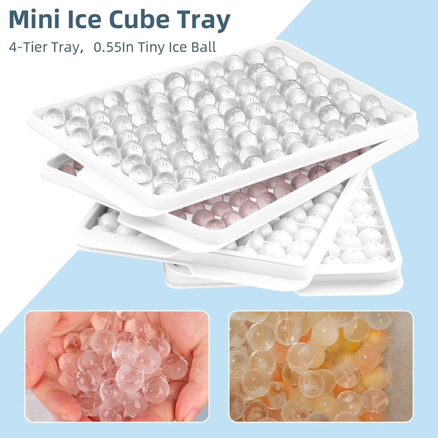 WIBIMEN Mini Ice Cube Trays, 0.55” Tiny Pebble Ice for Iced Coffee & Cocktails, Fast Chill, Easy Twist Release, Stackable with Lid & Storage Bin (4 Pack, Blue)
