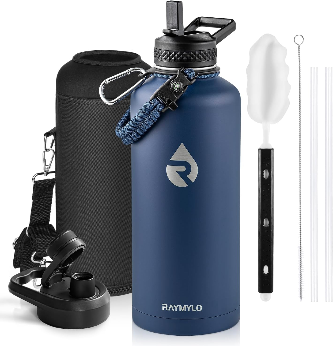 RAYMYLO One Gallon Water Bottle Insulated, Triple Walled Vacuum Stainless Steel (Cold for 48 Hrs), Leak Proof & Non-BPA, Large Water Flask Jug with Paracord Handle & Straw Spout Lids