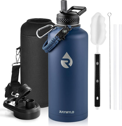 RAYMYLO One Gallon Water Bottle Insulated, Triple Walled Vacuum Stainless Steel (Cold for 48 Hrs), Leak Proof & Non-BPA, Large Water Flask Jug with Paracord Handle & Straw Spout Lids