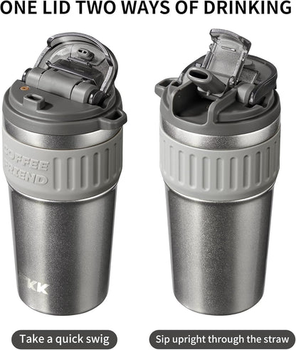 TKK Insulated Coffee Mug with Ceramic Coating, 21oz Iced Coffee Tumbler Cup with Straw Lid Double Wall Vacuum Leak Proof Travel Mug with Strap for Hot and Iced Beverage, Tungsten Steel