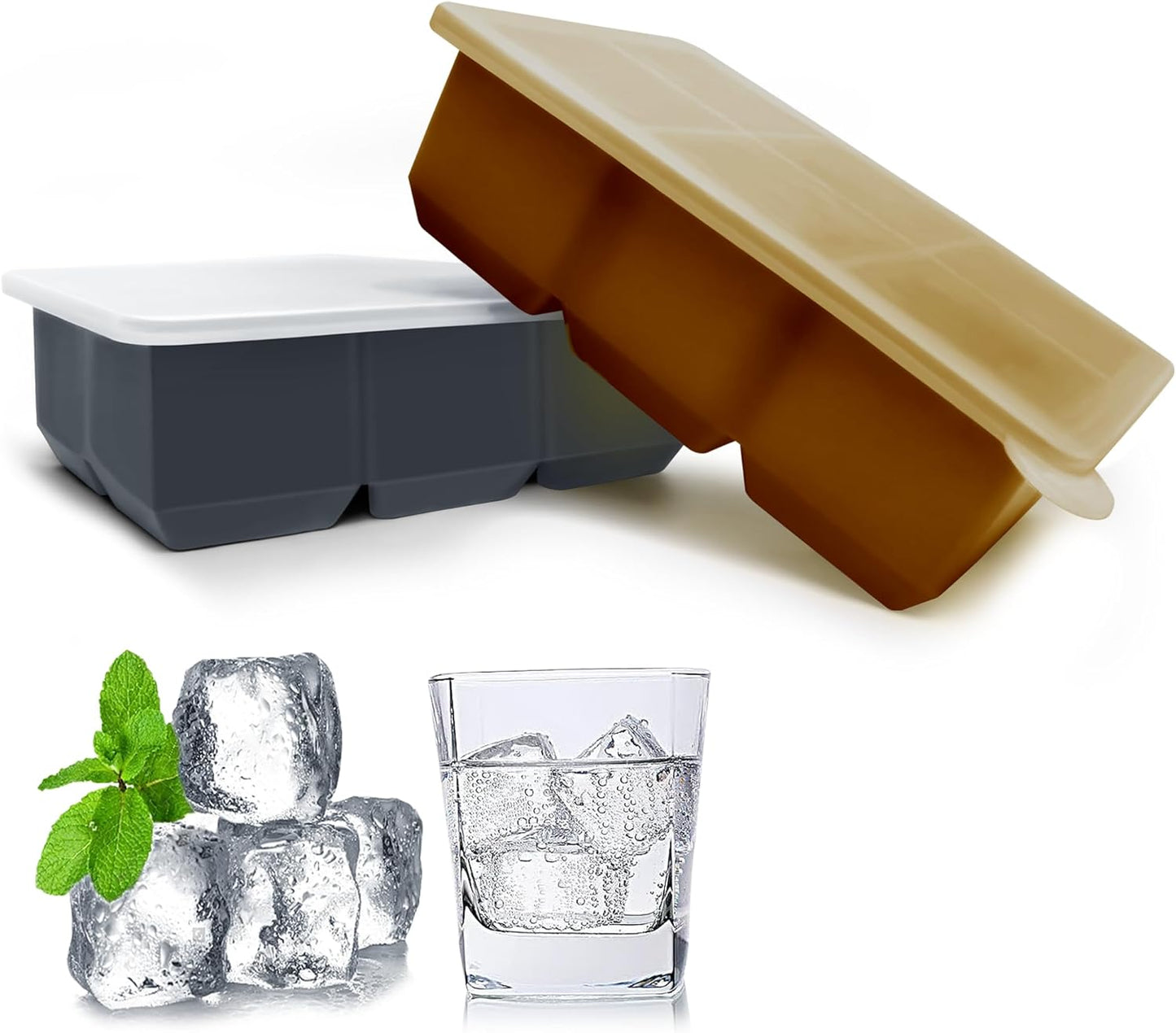 Excnorm Silicone Ice Cube Trays 3 Pack - Large Size Silicone Ice Cube Molds with Leak Proof Removable Lid Square Ice Cube Tray And BPA Free for Cocktail,Whiskey, Stackable Flexible Ice