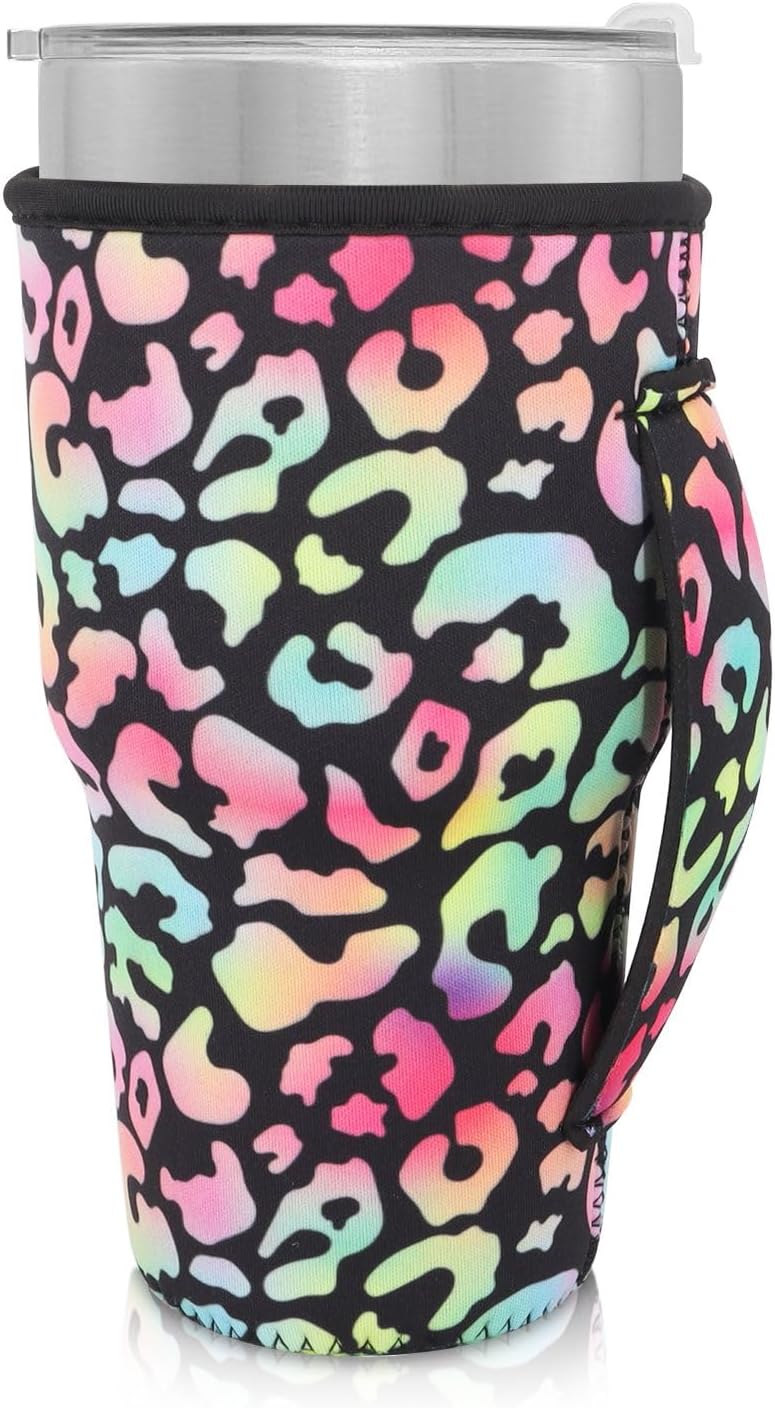 Reusable Iced Coffee Cup Sleeve Neoprene Insulated Sleeves Cup Holder with handle Idea for 30oz - 32oz Tumbler Cups, Protein Shake Bottles(Only Cup Sleeves), Black - Colors B