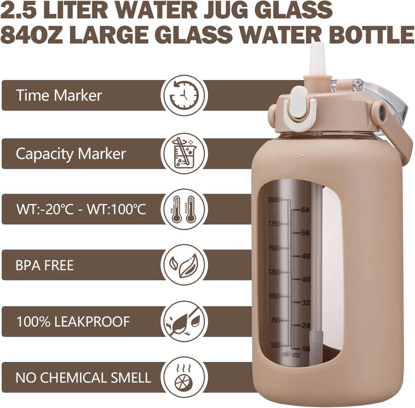 64oz Glass Water Bottles with Straw, Half Gallon Motivational Glass Bottle with Silicone Sleeve and Time Marker, 2L Leakproof Large Glass Water Jug for Gym Home Office,olive