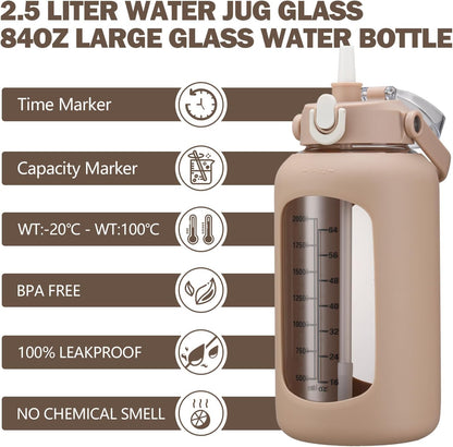 64oz Glass Water Bottles with Straw, Half Gallon Motivational Glass Bottle with Silicone Sleeve and Time Marker, 2L Leakproof Large Glass Water Jug for Gym Home Office,olive
