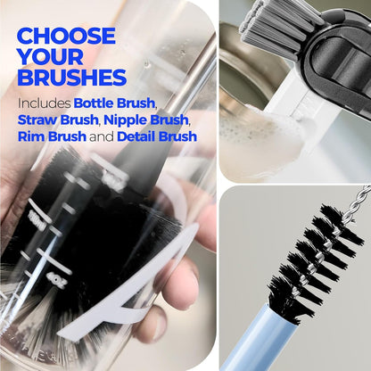 Holikme 6 Pack Bottle Brush Set, 14" Long Handle Stainless Steel Bottle Cleaner Brush, 3 Straw Brushes, 4-in-1 Bottle Cleaning Brush for Water Bottle, Antistatic Lab Brushes Straws, Black