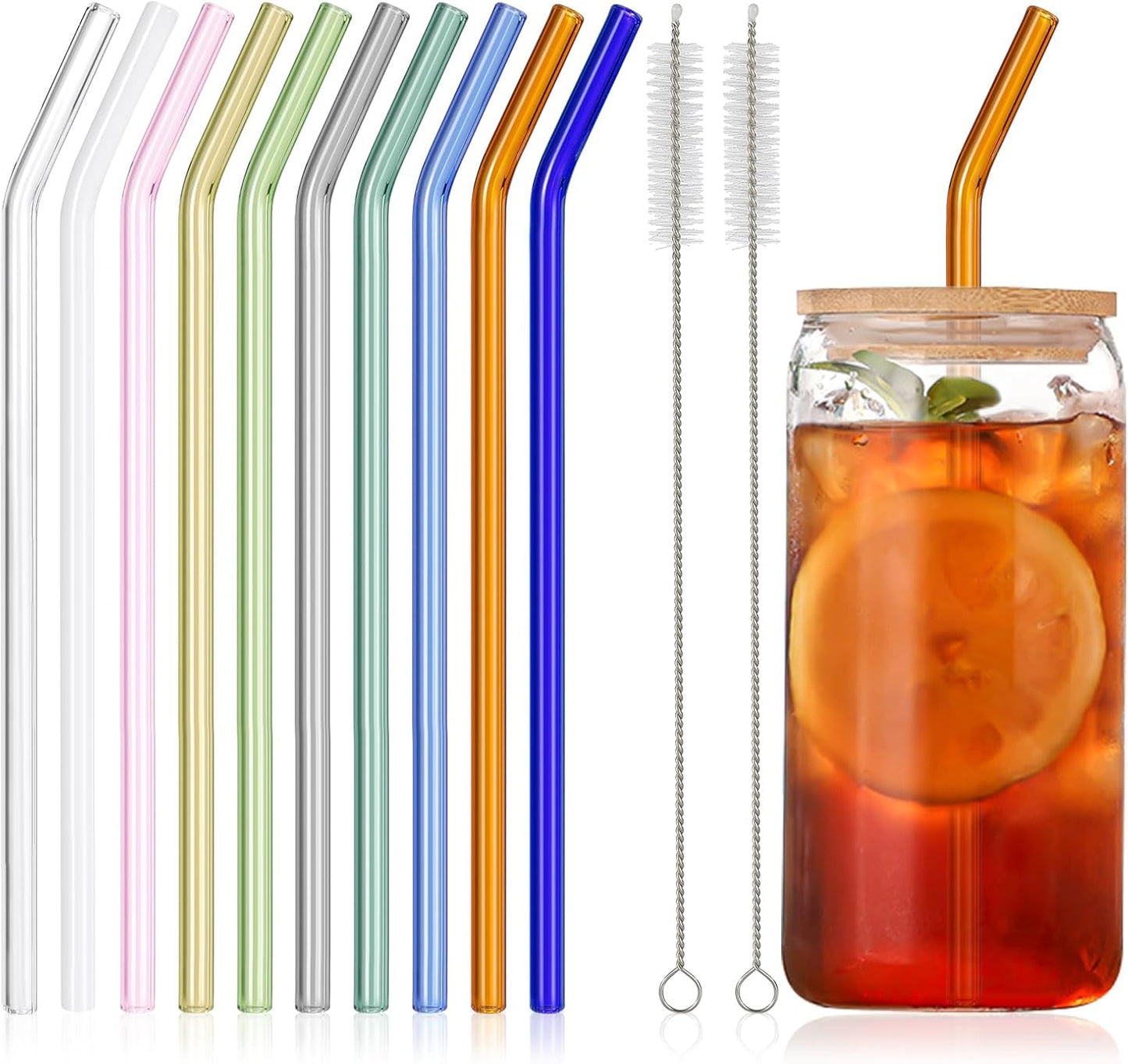 10 Pcs Reusable Bent Short Glass Straws,6''x8 mm Colorful Glass Straws Shatter Resistant with 2 Cleaner Brush for Short Tumblers,Whiskey&Cocktail Glasses Cups,Coffee Mugs