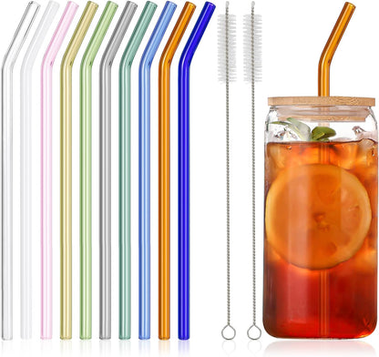 10 Pcs Reusable Bent Short Glass Straws,6''x8 mm Colorful Glass Straws Shatter Resistant with 2 Cleaner Brush for Short Tumblers,Whiskey&Cocktail Glasses Cups,Coffee Mugs