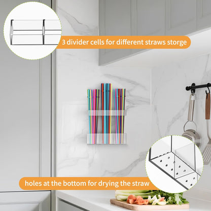 Straw Holder for Cabinet Door, Reusable Tumbler Straw Organizer Storage Container Mount for Kitchen Counter Cupboard Door (Transparent, 9.5inch)
