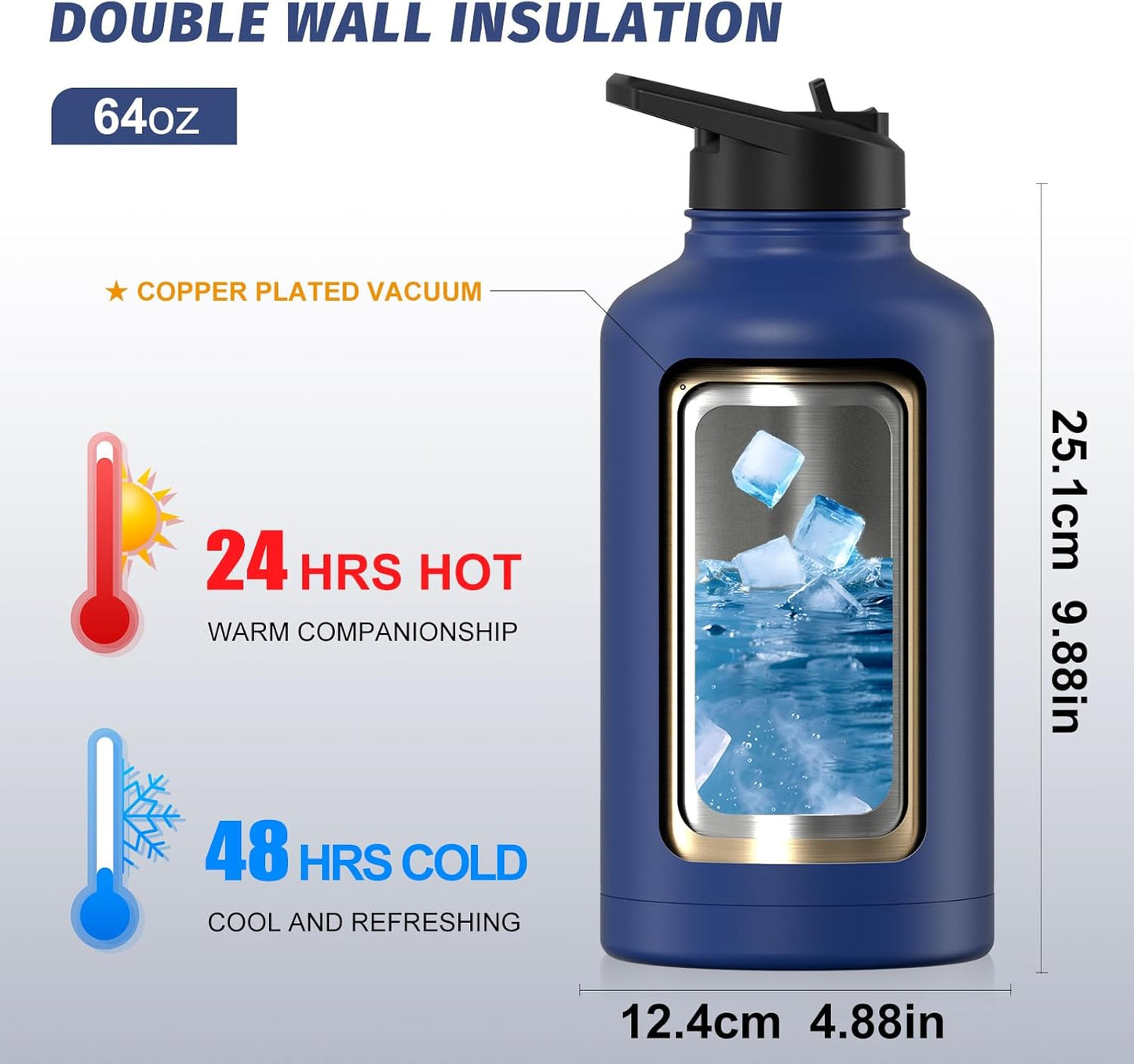 40oz Insulated Water Bottle (Cold for 48 Hrs),BPA Free&Leak Proof,Stainless Steel Water Flask,Water Jug with Straw Spout Lids for Gym,Hiking,Travel,Black Blue