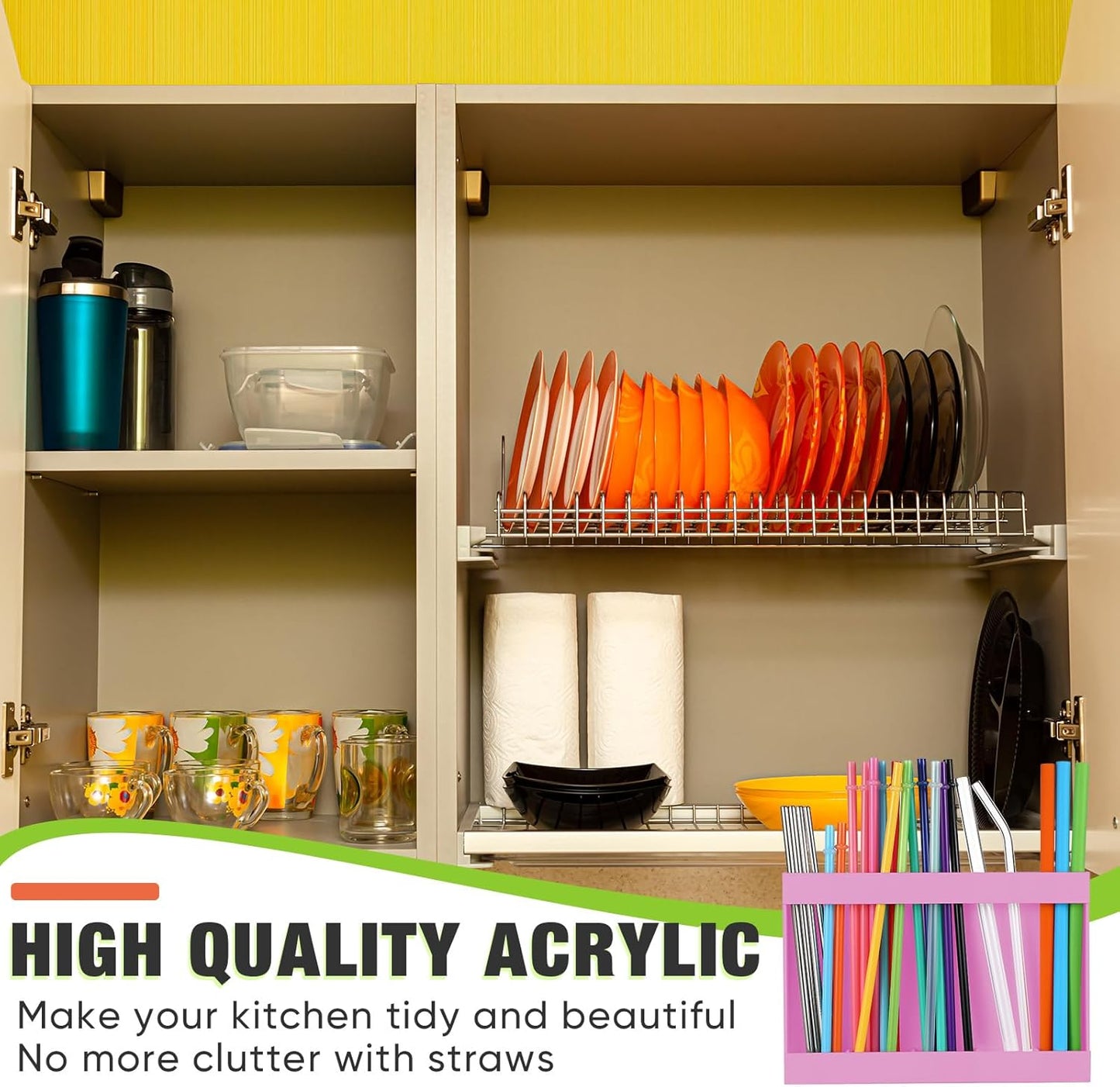 Qinyoung Acrylic Straw Holder for Cabinet Door with Double Sided Adhesive Tape Reusable Straw Organizer Tumbler Storage Kitchen Accessories Container for Counter Cupboard(Classic,Large,Transparent)