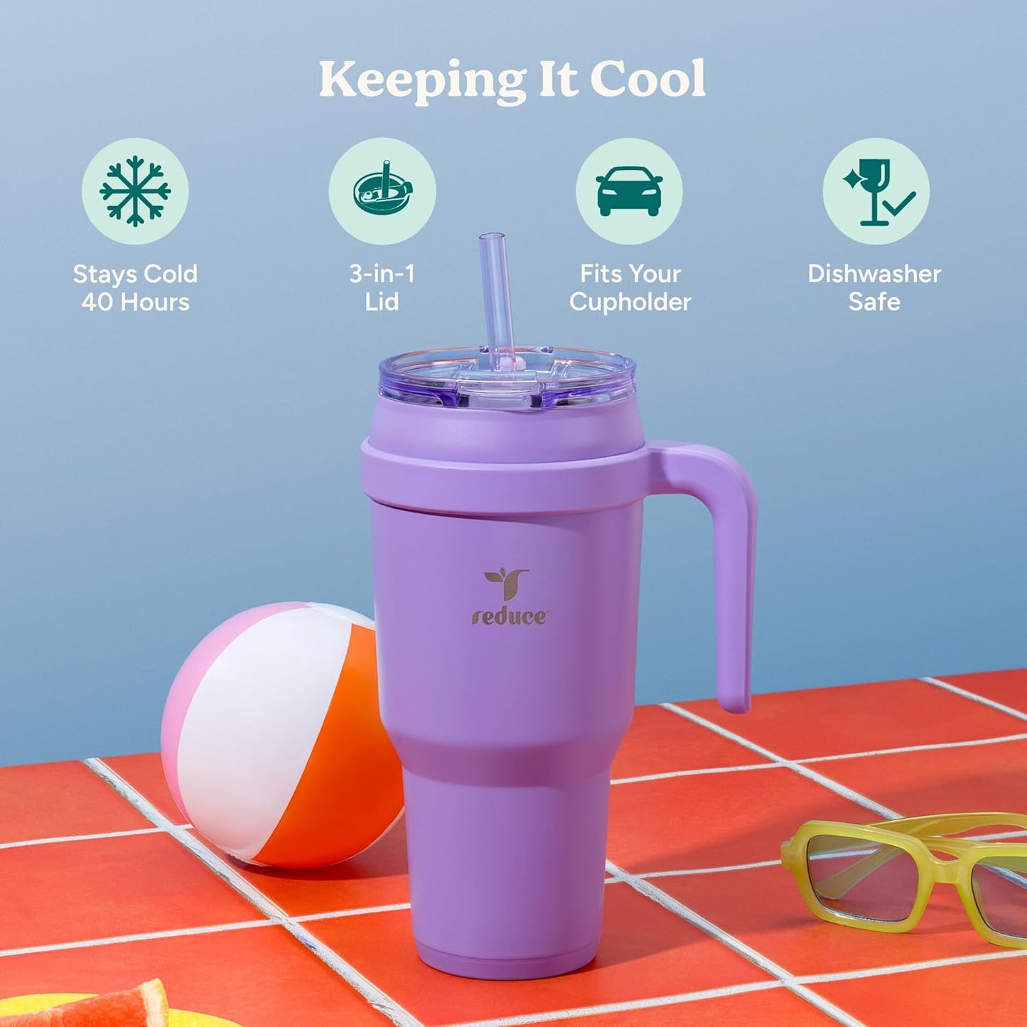 REDUCE 24 oz Stainless Steel Tumbler with Handle - Dual-Wall Vacuum Insulated Travel Mug, Sweat-Proof Lid & Reusable Straw - Keeps Drinks Cold for 24 Hrs, Fits Cupholders, Dishwasher Safe - Lilac Bud