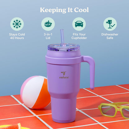 REDUCE 24 oz Stainless Steel Tumbler with Handle - Dual-Wall Vacuum Insulated Travel Mug, Sweat-Proof Lid & Reusable Straw - Keeps Drinks Cold for 24 Hrs, Fits Cupholders, Dishwasher Safe - Lilac Bud