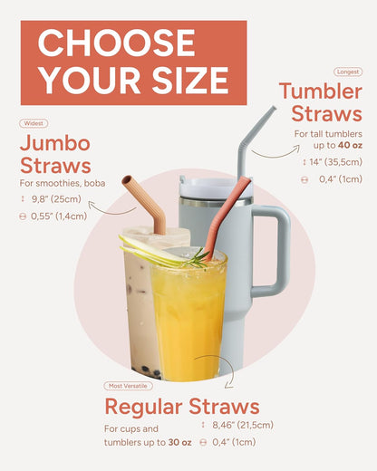 Nightingale 14” Silicone Tumbler Straws - Compatible with Stanley 40 oz cup - Reusable Flexible Long Bendy Drinking Straw with Cleaning Brush for Tall Tumblers - Food-Safe - Set of 6 Oak