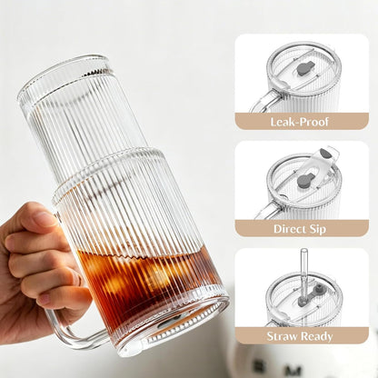 INSETLAN 24oz Ribbed Glass Tumbler with Handle & Lid – 2-Pack Large Iced Coffee Cups with Straws, Modern Glass Mug for Cold & Hot Beverages, Aesthetic Travel Cup for Smoothies, Tea, and Juice