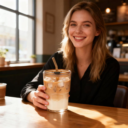 13oz Glass Tumbler with Straw and Lid Sealed, Carry On Reusable Iced Coffee Cups,Thick Wall Glass Coffee Drinking Glassware Cups