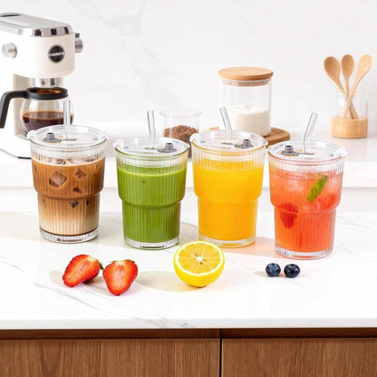 Ribbed Glass Tumbler with Lid and Straws, Resuable Ice Coffee Cups, To Go Iced Coffee Cups for Water, Smoothie, Matcha, Iced Tea Fruit Juice, Clear, 13oz, Set of 2