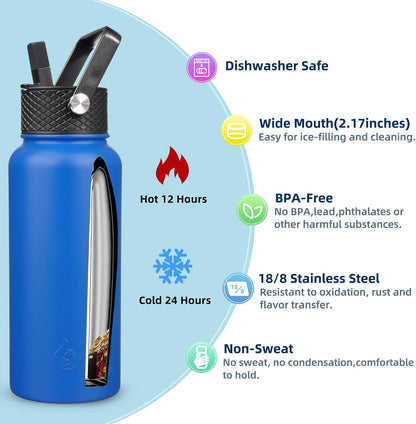 BJPKPK Insulated Water Bottles with Straw Lid, 40oz Stainless Steel Water Bottles with 3 Lids, BPA Free Leakproof Thermo, Tumblers, Cups for Sports, Gym- Midnight - Colors A