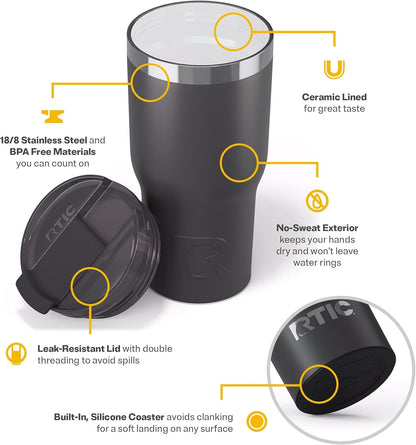 RTIC 20oz Essential Tumbler with Lid, Ceramic Lined, Insulated, Stainless Steel, Metal, Double Wall Vacuum-Insulation, Travel Cup for Iced Coffee, Tea, Hot and Cold Drink, Graphite