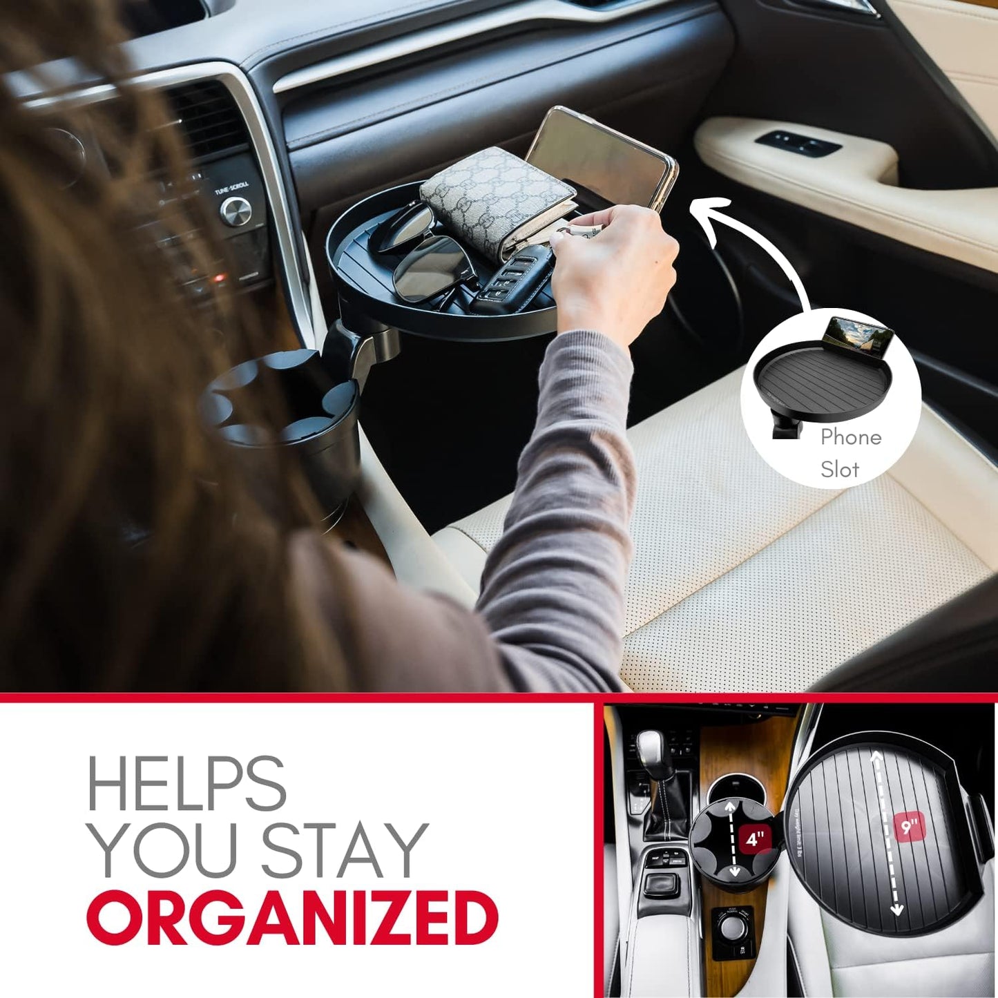 Macally Car Cup Holder Tray and Cup Holder Expander with Phone Slot - Enjoy Your Meal - 9" Car Food Tray Table and Drink Holder for Yeti, Hydroflask, etc.