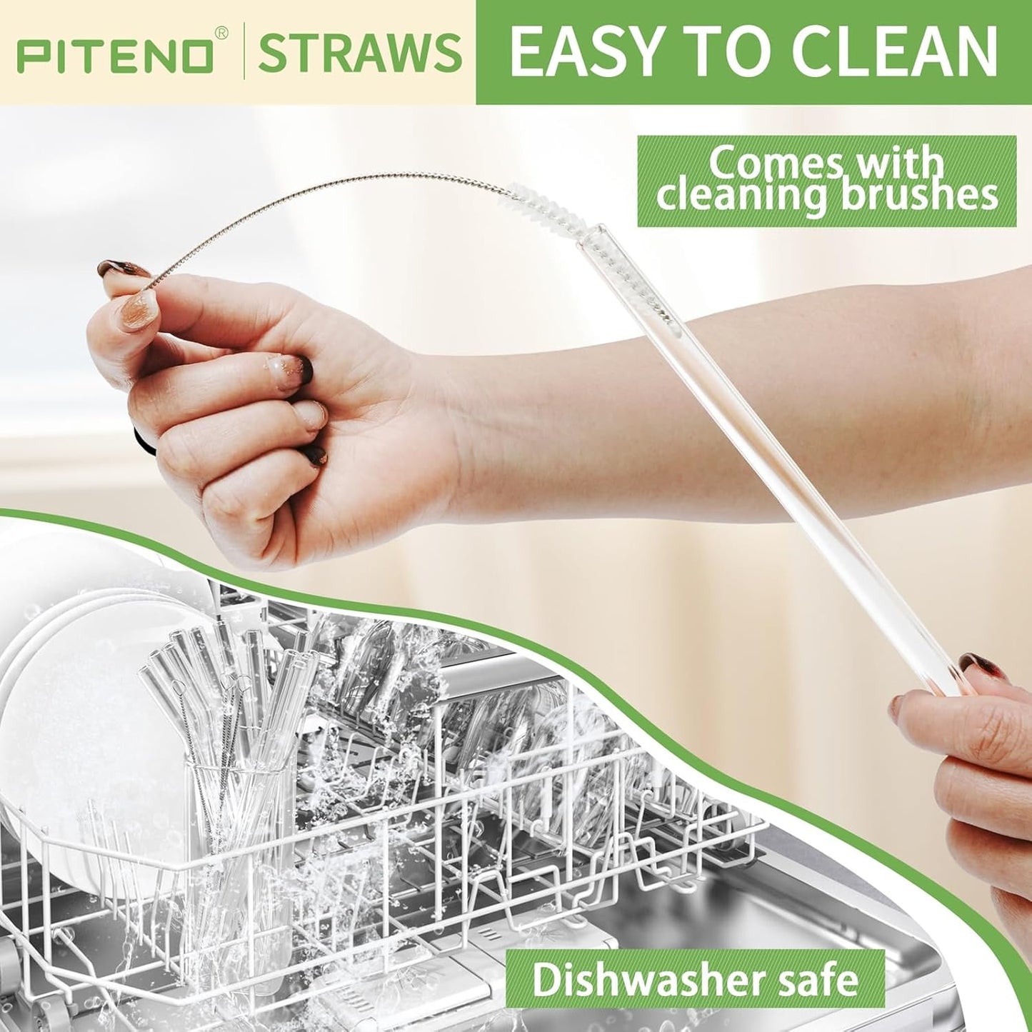 Piteno® 12Pcs Glass Straws with 4Pcs Brushes, Reusable Clear Glass Drinking Straws, 8.5''x10MM, Set of 6 Straight and 6 Bent with 4 Cleaning Brushes, Perfect for Smoothies, Milkshakes, Juice, Tea