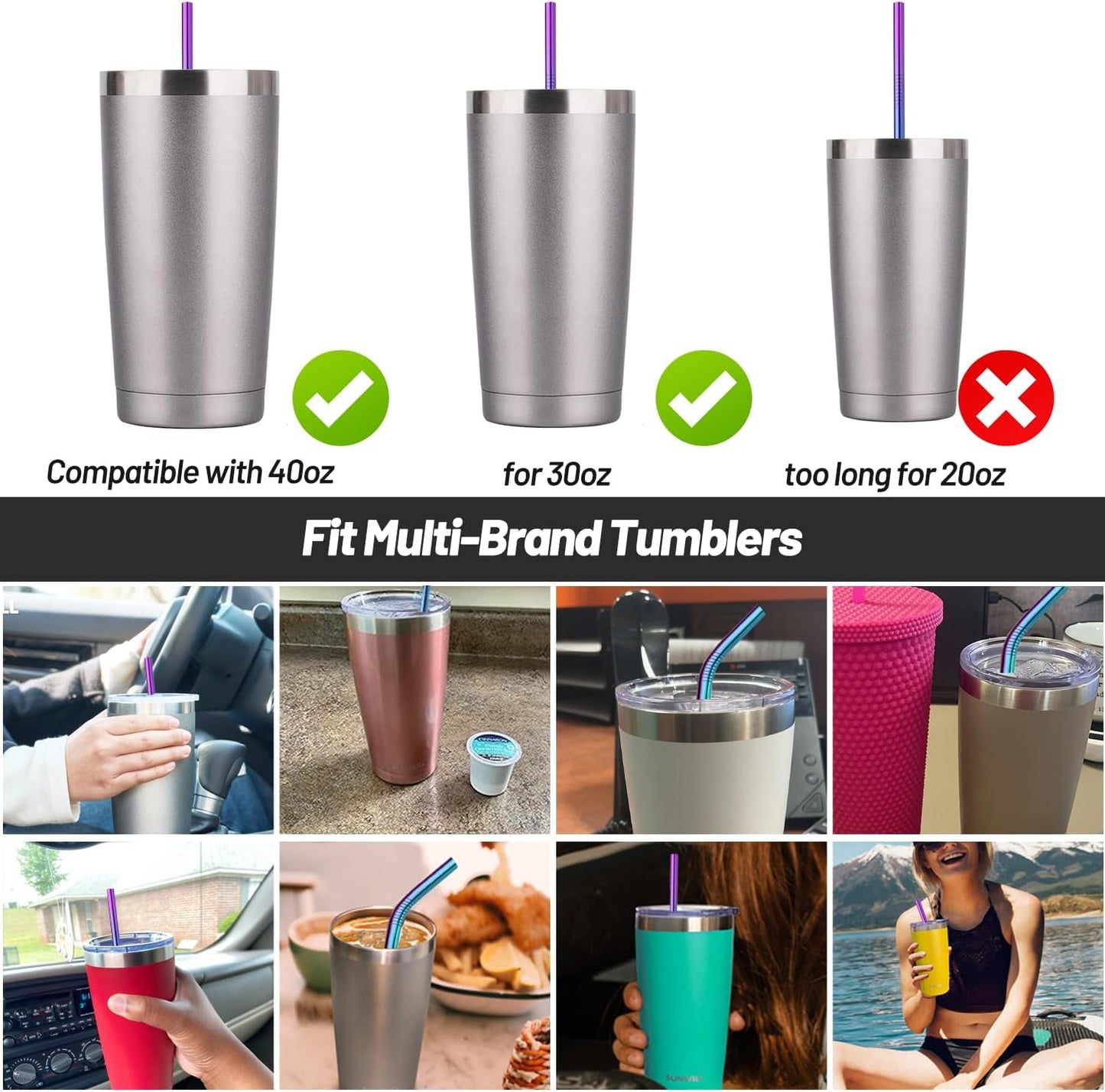 VEHHE Metal Straws Stainless Steel Straws Drinking Straws Reusable - 10.5" Ultra Long 4 + 1 - W/Cleaning Brush for 20/30 Oz for Yeti RTIC SIC Ozark Trail Tumblers (2 Straight|2 Bent|1 Brush)