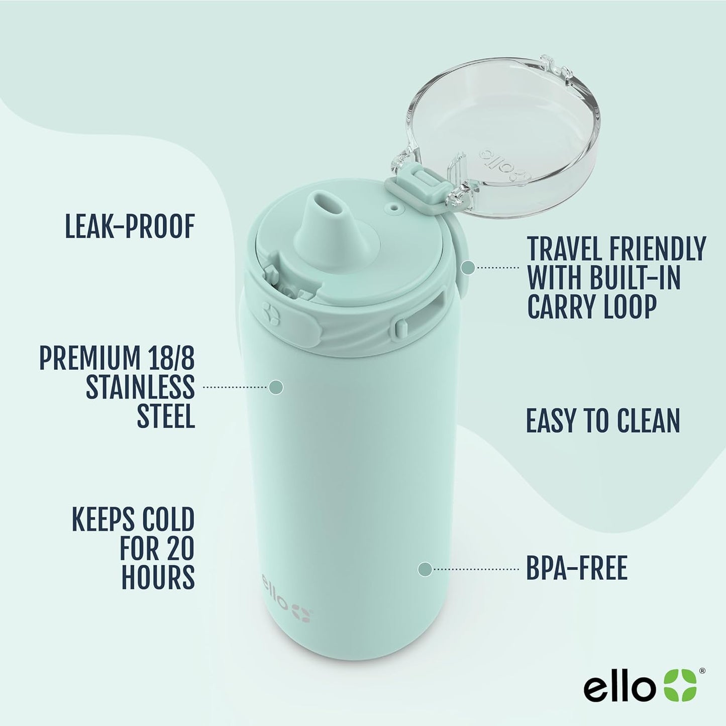 Ello Cooper 22oz Stainless Steel Water Bottle with Straw and Carry Handle, Double Walled and Vacuum Insulated Metal, Leak Proof Locking Lid with Soft Silicone Spout, Reusable, BPA Free, Lilac