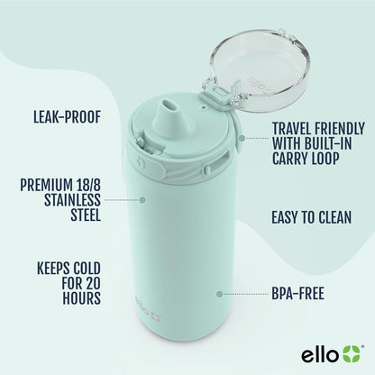 Ello Cooper 22oz Stainless Steel Water Bottle with Straw and Carry Handle, Double Walled and Vacuum Insulated Metal, Leak Proof Locking Lid with Soft Silicone Spout, Reusable, BPA Free, Lilac