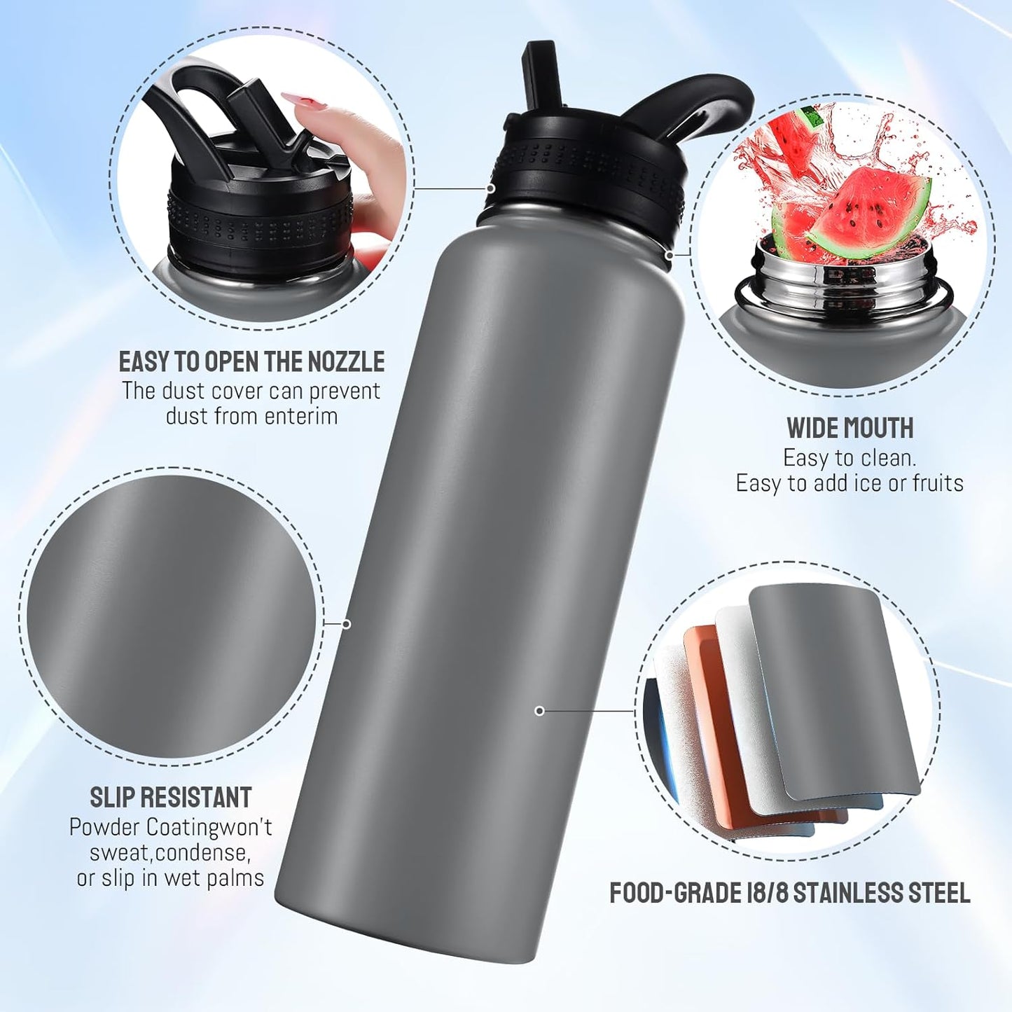 Insulated Water Bottles with Straw 40 oz Leak Proof, Vacuum Insulated Stainless Steel Sport Tumbler with 3 Lids Straw, Spout and Handle Lid for Sports, Gym or Office,Hot Pink