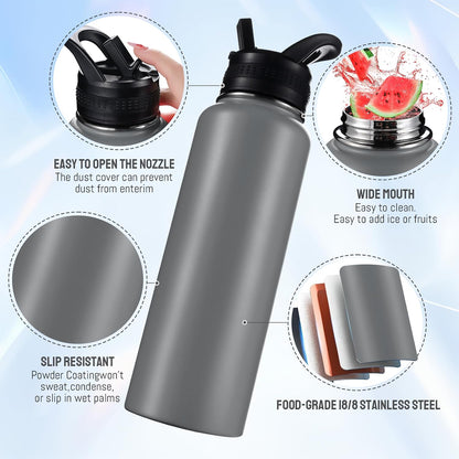 Insulated Water Bottles with Straw 40 oz Leak Proof, Vacuum Insulated Stainless Steel Sport Tumbler with 3 Lids Straw, Spout and Handle Lid for Sports, Gym or Office,Hot Pink