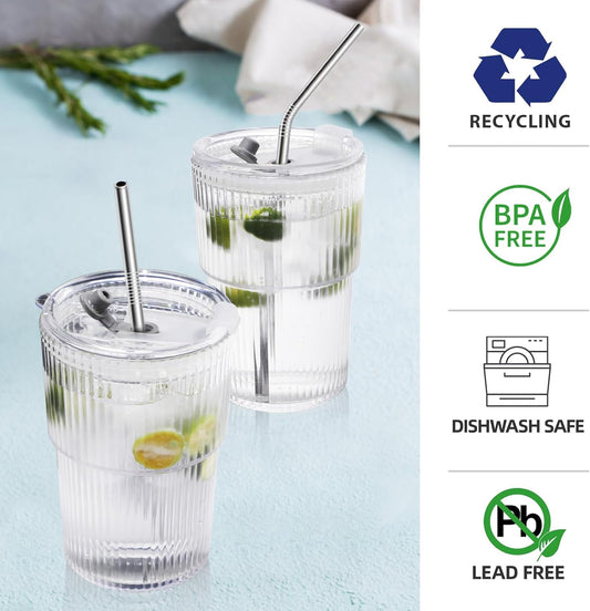 16 OZ Iced Coffee Cups with Lids and Straws Set of 4, Unbreakable Plastic Drinking Glasses Reusable Iced Coffee Glass to Go Cup for Iced Tea,Juice, Water,BPA Free, Dishwasher Safe