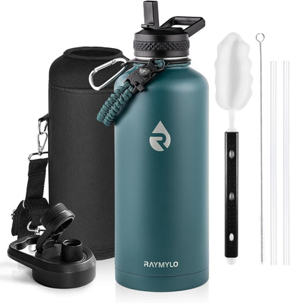 RAYMYLO One Gallon Water Bottle Insulated, Triple Walled Vacuum Stainless Steel (Cold for 48 Hrs), Leak Proof & Non-BPA, Large Water Flask Jug with Paracord Handle & Straw Spout Lids