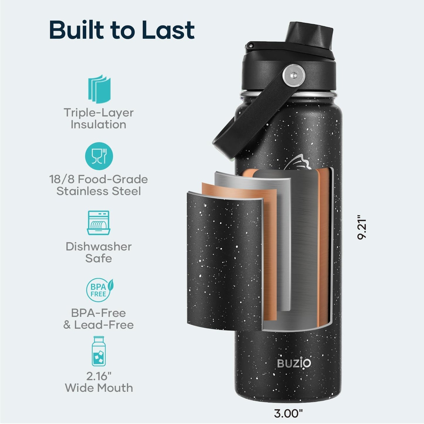 BUZIO 40oz Insulated Water Bottle, Triple Wall Vacuum Stainless Steel Water Flask with 2 lids, Lead-Free BPA-Free Straw Lid Sports Canteen Jug, Cold 48H & Hot 24H- Black - Colors A