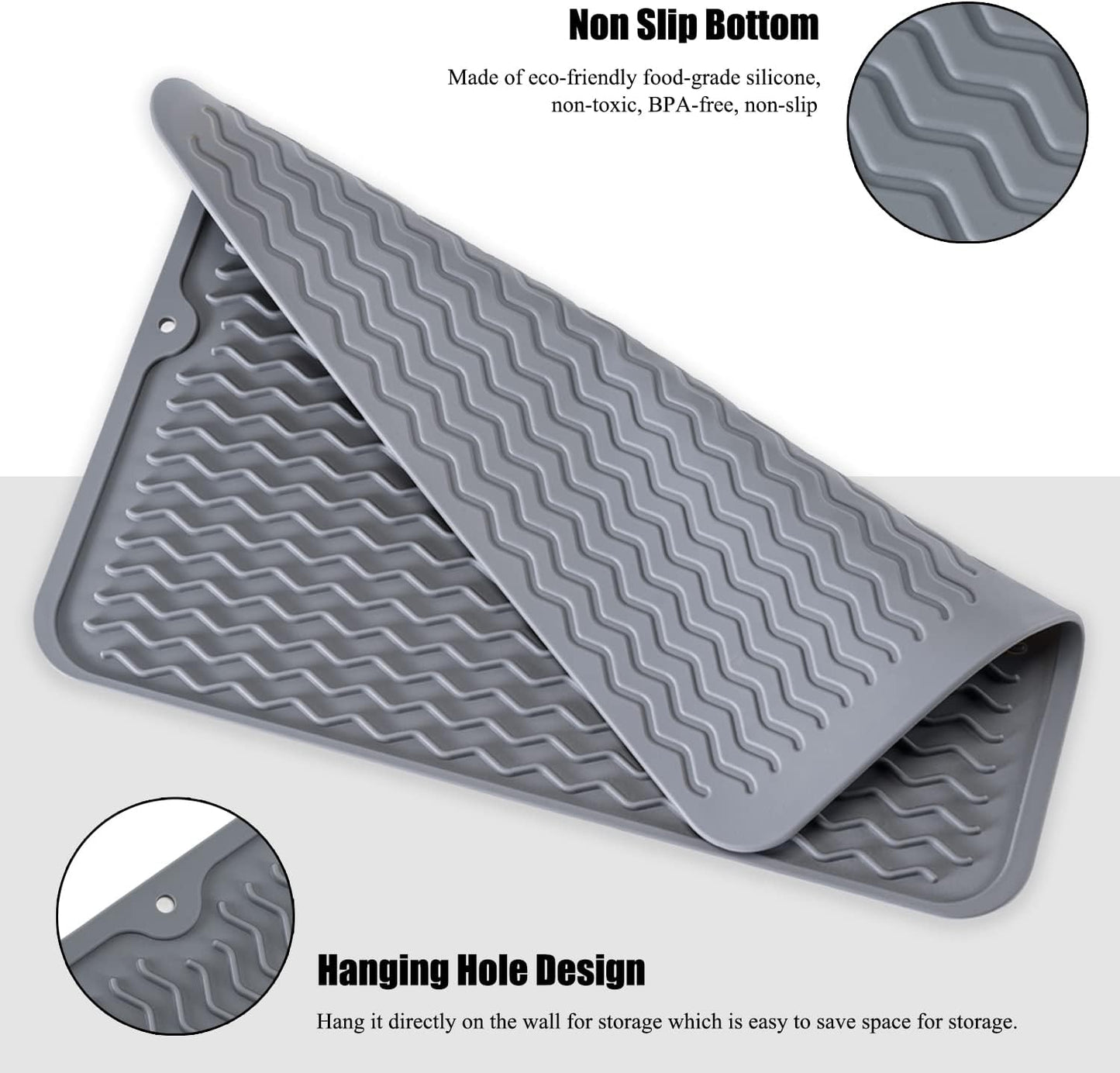 Silicone Dish Drying Mat, Non-Slip Easy Clean Sink Mat Large Heat-resistant Dish Drainer Mat for Kitchen Counter, Sink, Refrigerator or Drawer liner (12" x 6", BLACK)
