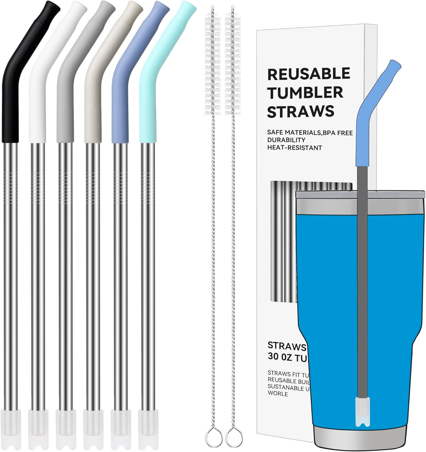 40 oz Straight Metal Straws for 40 oz Stanley Tumbler, 6 Pcs Stainless Steel Reusable Drinking Metal Straw with Colourful Silicone Tips,Straw for Glass Cups, BPA FREE