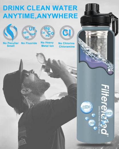 Filterelated 30oz Stainless Steel Portable Alkaline Filter Water Bottle, Creates Up to 9+ Ph of Quality Water, Sports Travel Water Bottle, Removes Water Impurities