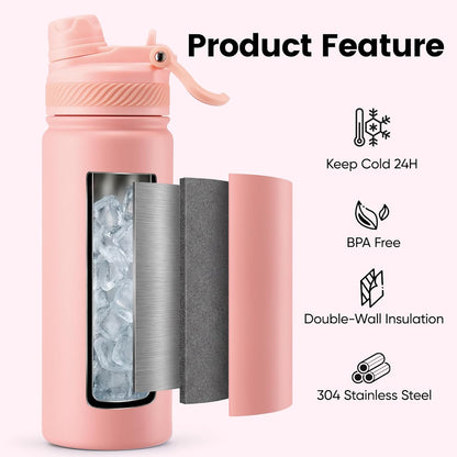Fijinhom 18 oz Insulated Water Bottle, 2-in-1 Straw and Spout Lid Stainless Steel Thermos, Leak-Proof, Double Wall Vacuum Flask, Keep Cold 24H for Outdoor, Sports, Travel, School (Black)