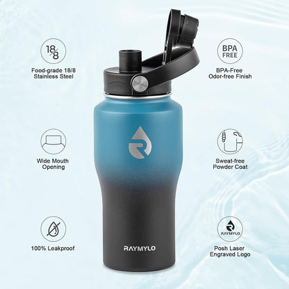 RAYMYLO 40 oz Insulated Water Bottle with Straw fit in Car Cup Holder, Triple Wall Vacuum Stainless Steel(Cold 48 hrs, Hot 24 hrs), Leakproof & Non-BPA, Hydro Travel Flask with Straw and Spout Lid